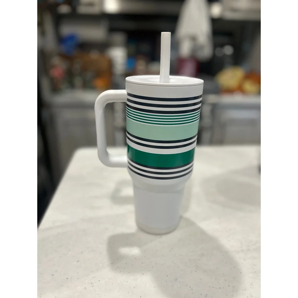Starbucks 40 oz Stainless Steel Straw Tumbler Green White Striped Travel Mug